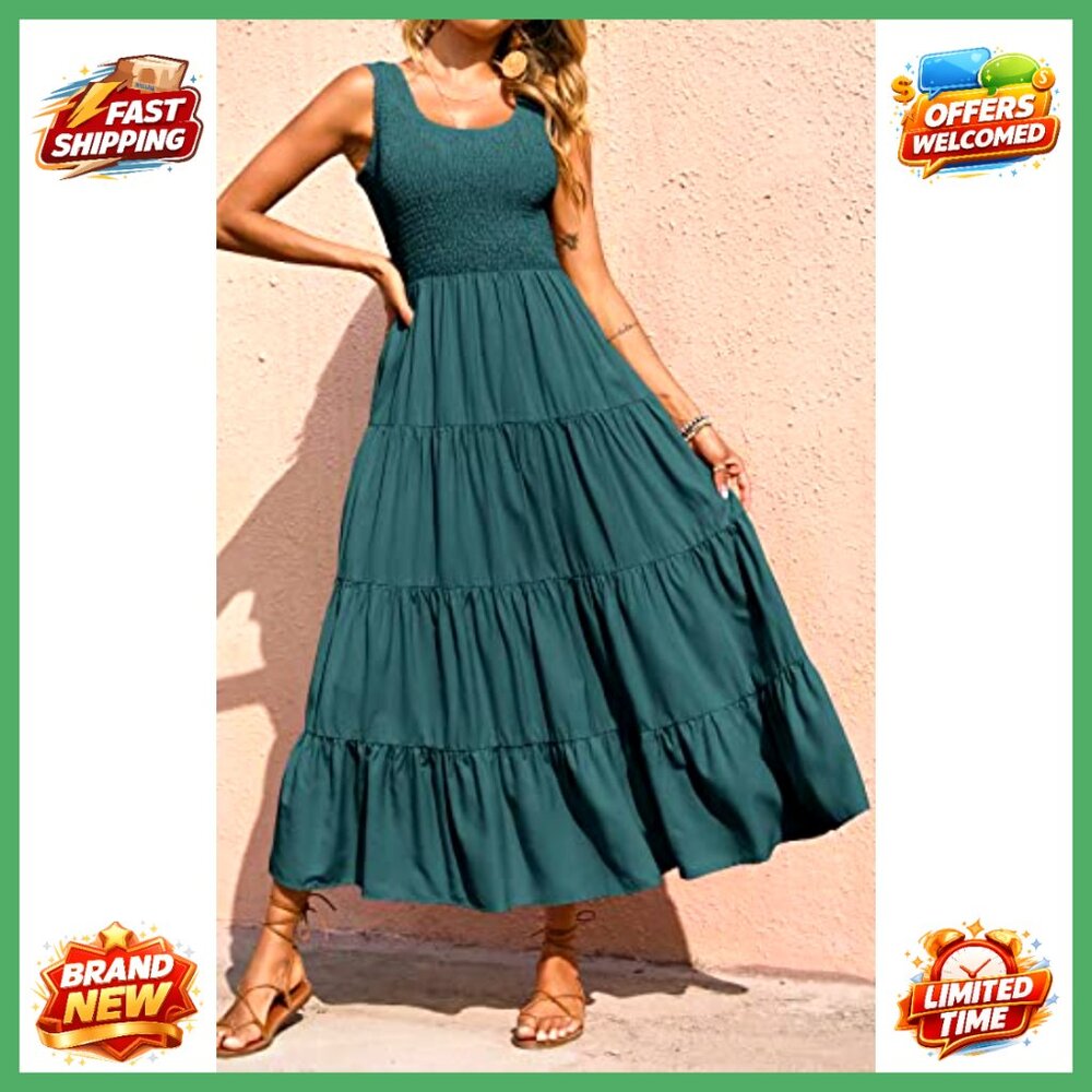 Women's Smocked Tank Maxi Dress Tiered Casual Beach Spring Sleeveless - Picture 3 of 7